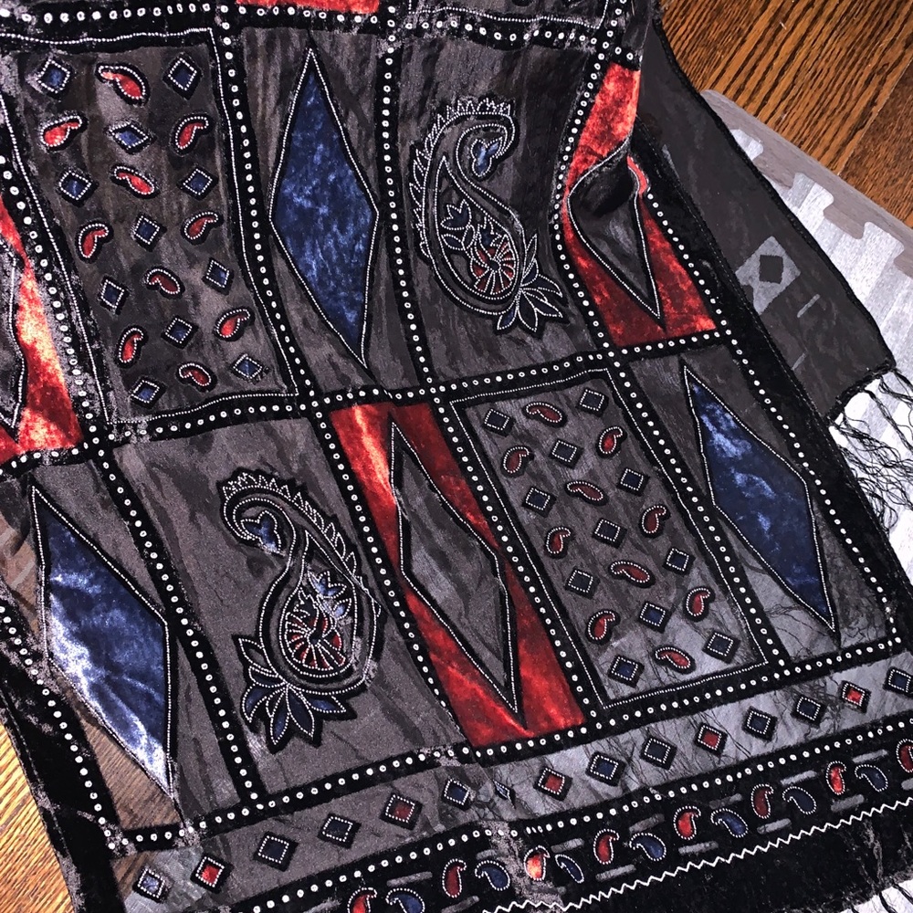scarf of red n blue velvet on a black sheer background. 20" x 60"